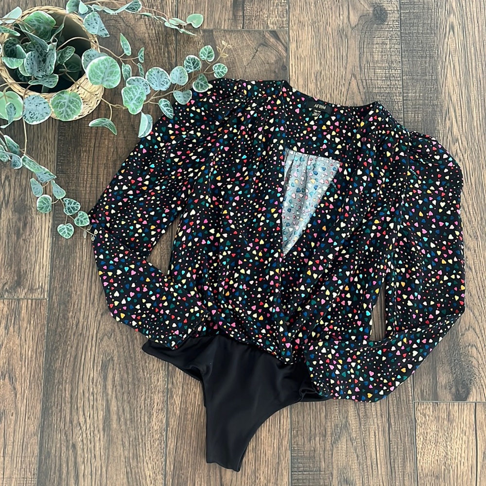AFRM Plunging Front Multicolored Heart Print Bodysuit